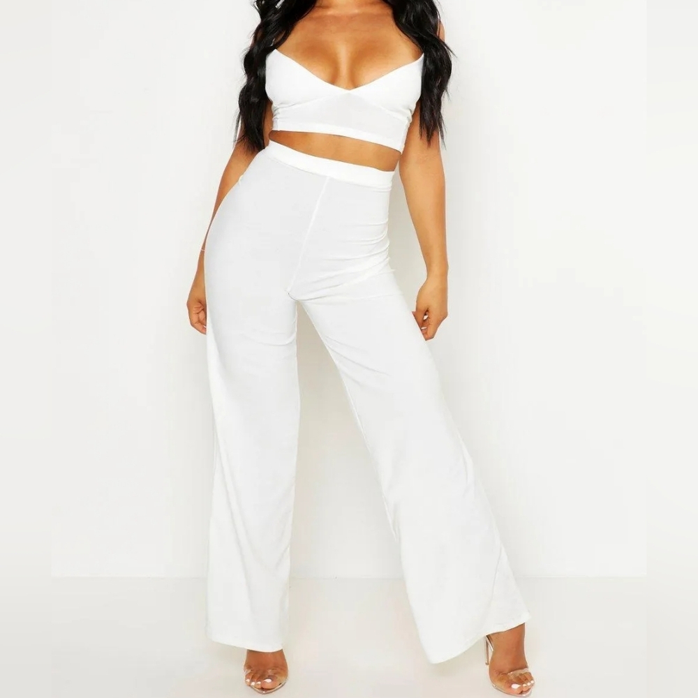 Boohoo Sleek White 2 Piece Top & Pants Set